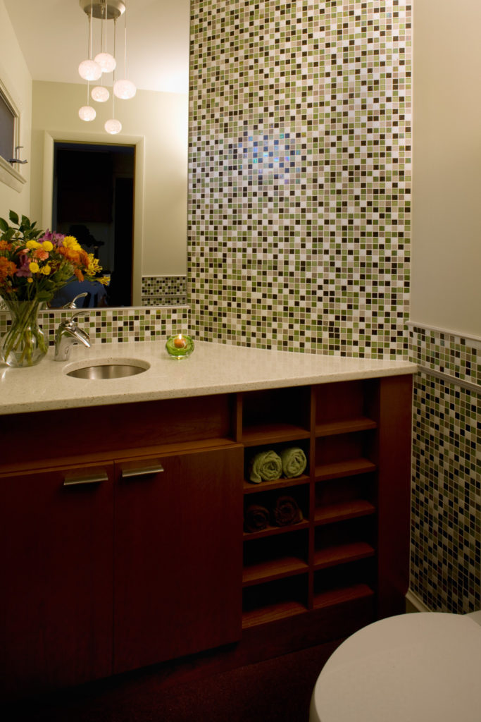 custom recycled glass tile blend on curved wall